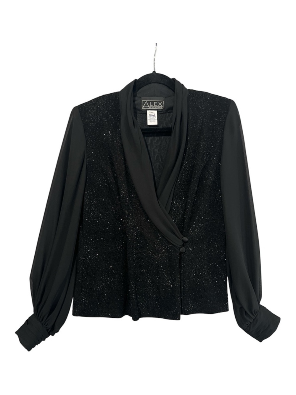 Alex Evenings Blouse-Jacket Women’s Medium Black Sparkle Draped Sheer Vtg